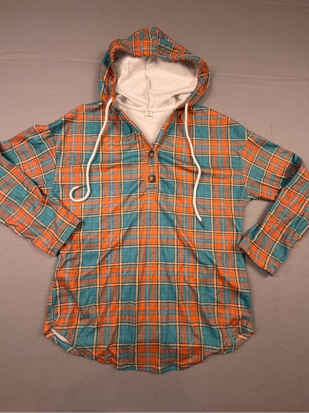 Rumia Plaid Hooded Pullover in Teal and Orange M